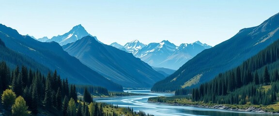 Striped mountain landscape, river, trees Varied line thickness creates depth and texture, geometric, art