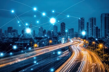 Fototapeta premium Urban Night Scene with Digital Network Connections and Traffic Lights