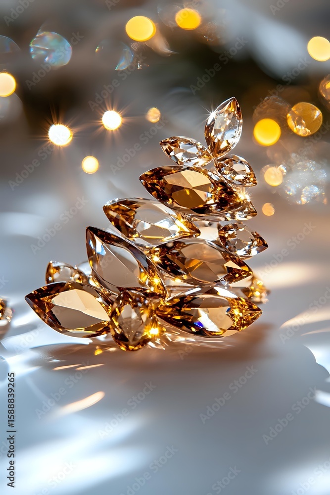 Poster sparkling amber crystals arranged in christmas tree shape with golden bokeh lights and soft shadows 