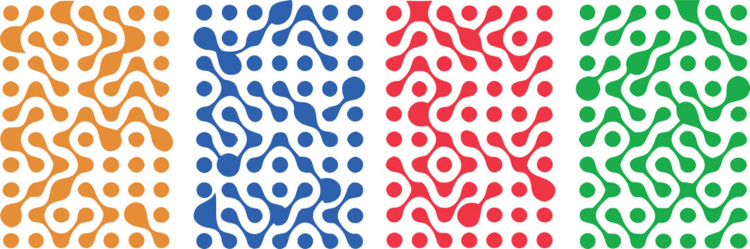 Colorful abstract metaball grid patterns in orange, blue, red, and green hues