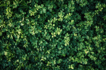 Lush, vibrant field of green clover leaves creates dense, natural carpet. rich texture and varying shades of green evoke sense of tranquility and freshness
