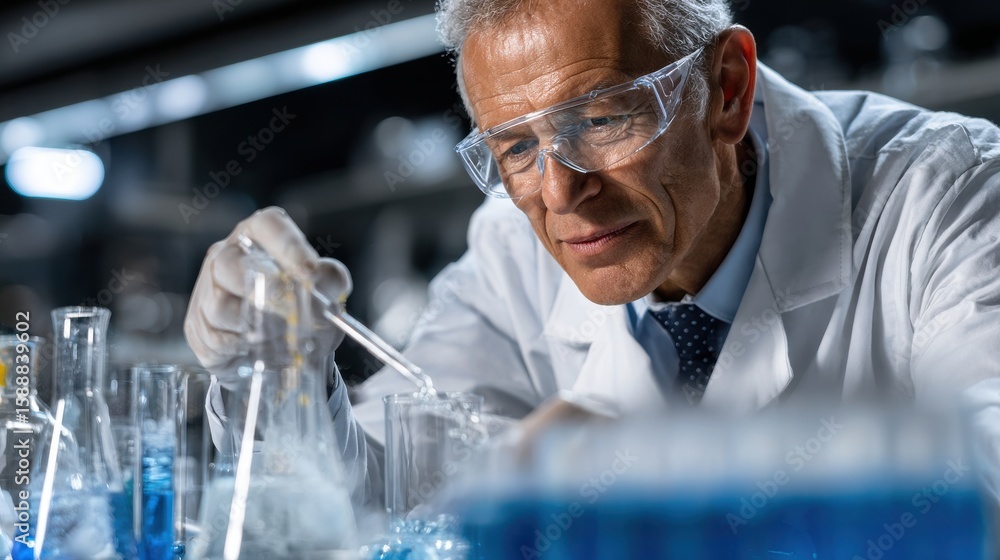 Aufkleber a man in a lab coat is working with chemicals