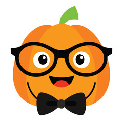 Joyful cartoon pumpkin character dressed smartly in black glasses and a stylish bow tie perfect for halloween celebrations