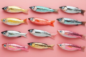 Colorful metallic fish arranged in neat rows on pink background, shimmering decorative elements with silver, gold, pink and blue tones create modern minimal pattern.