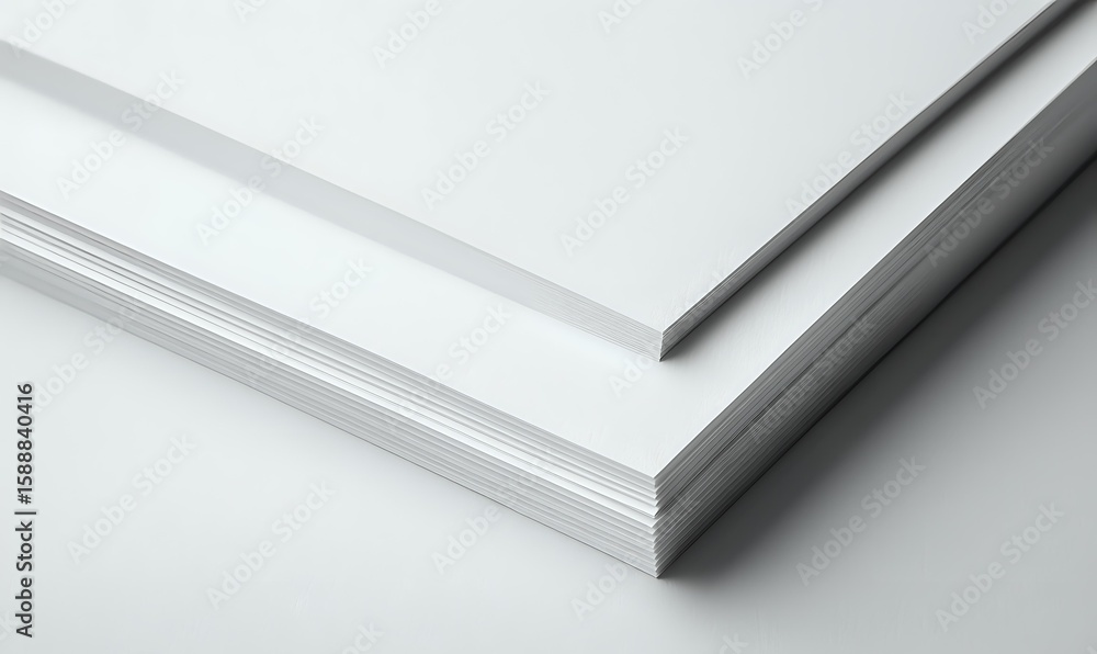 Poster stack of white paper sheets with subtle shadows and clean edges against light background, showing la