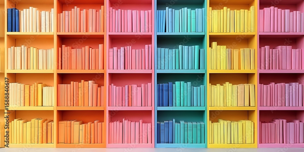 Poster colorful rainbow bookshelf with books arranged by color from orange to pink, creating an ombre effec
