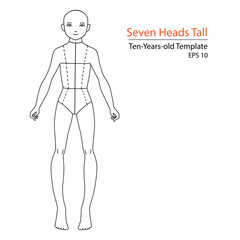 Vector fashion croquis of a ten-year-old child, seven heads tall. Ideal for kidswear design, sketching, and apparel illustrations. Clean outline, front view.