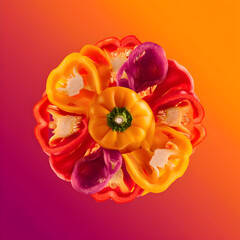 Colorful arrangement of bell peppers creating a vibrant floral design
