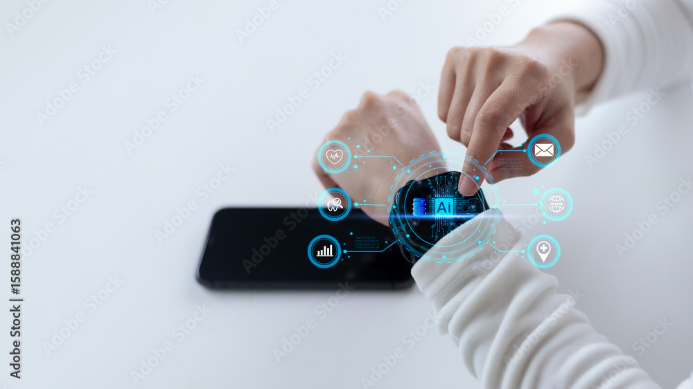 Poster hand operating an ai-powered smartwatch with a futuristic interface. concept of wearable tech, healt