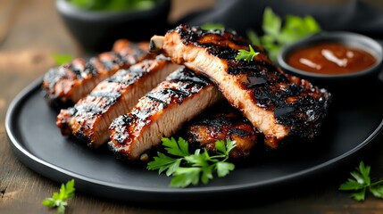Grilled pork ribs with barbecue sauce on black plate, garnished with fresh herbs. Juicy meat with charred crust and caramelized glaze shows perfect grill marks.