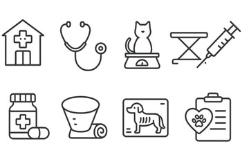Veterinary, pet care outline icon set. animal health, clinic, treatment symbols
