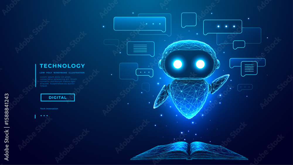 Poster hologram of ai robot or chatbot with speech bubbles fly over opened book on technology blue backgrou