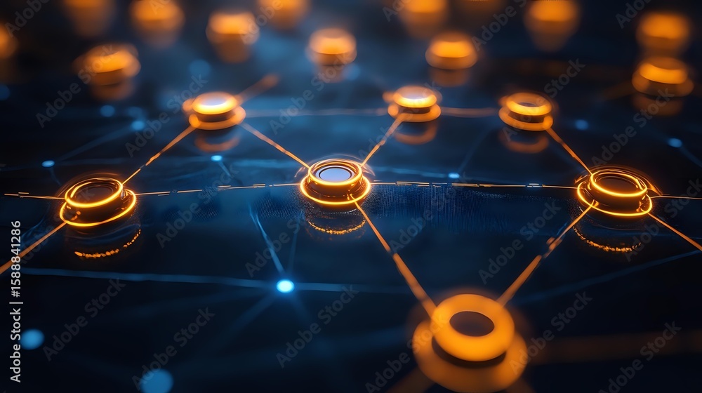 Poster glowing orange network nodes connected by illuminated lines on dark blue background, representing di