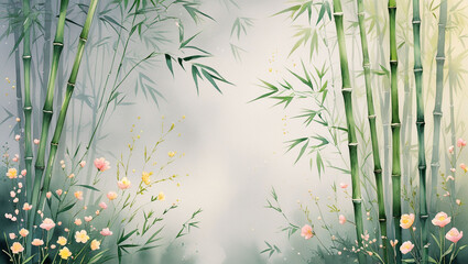 Watercolor bamboo forest background with flowers nature zen asian style painting art design illustration
