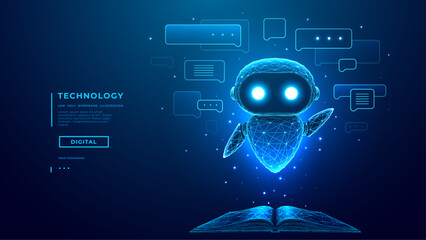 Hologram of AI Robot or Chatbot with Speech Bubbles Fly Over Opened Book on Technology Blue Background. AI Chat Bot Mascot. Low Poly Wireframe Tech Bg. Support Assistant. Digital Vector Illustration.