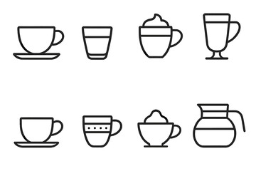Fototapeta premium Coffee and tea outline icon set. cups, mugs, beverages, drinks in linear style