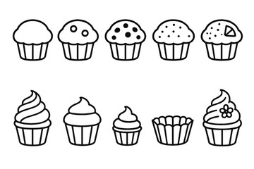Cupcake, muffin outline icon set. bakery, dessert, sweet treats editable icons