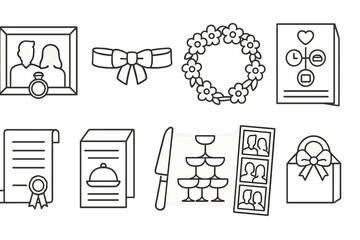Fototapeta premium Wedding, romance outline icon set. ceremony, celebration, love linear collection