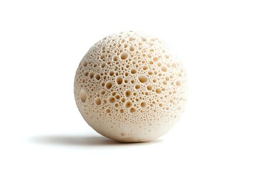 Spherical white foam ball with organic bubble texture pattern isolated on white background. Macro photography shows detailed porous surface structure.