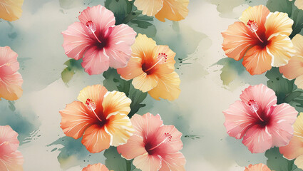 Watercolor hibiscus flower pattern floral tropical summer botanical bloom blossom design art seamless background