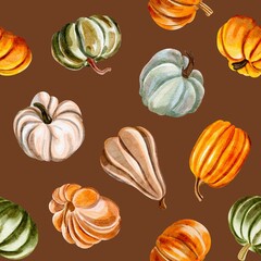 Seamless pattern with pumpkins on a brown background
