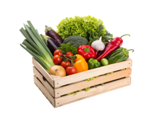 Wooden crate overflowing with assorted fresh produce vegetables