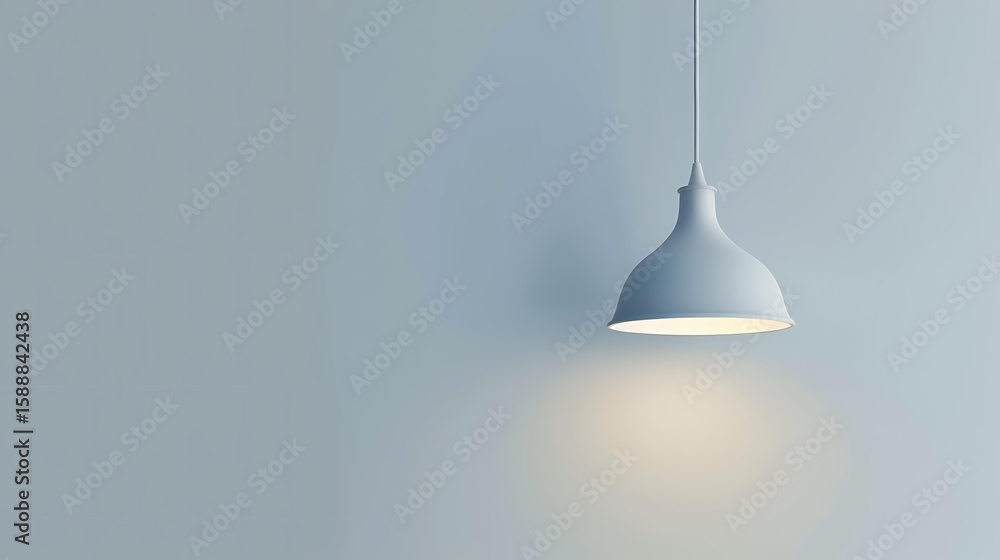 Poster minimalist pendant lamp illuminating empty wall with soft warm light creating atmospheric mood and c