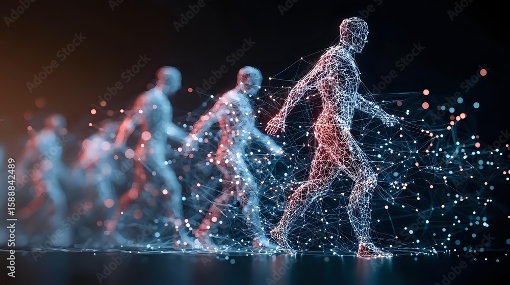 Poster glowing digital figures in motion created from connected light dots and lines show evolution of huma