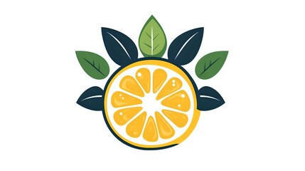 Fresh yellow citrus slice with green leaves arranged in decorative floral pattern on white isolated background, ready for logo and brand design use.