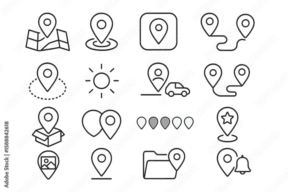 Poster navigation and map location icon set with outline style for easy route planning