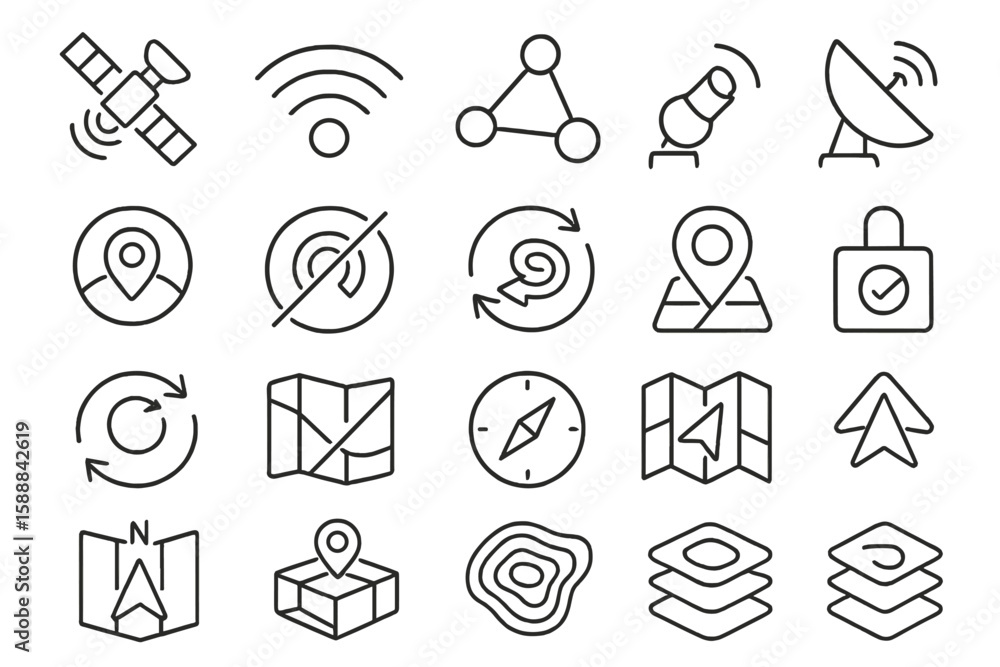 Poster communication and navigation icon set. outline style for digital maps and apps