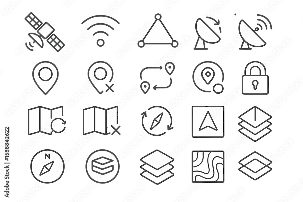 Poster navigation and gps line icon set. map, compass, location symbols in outline style