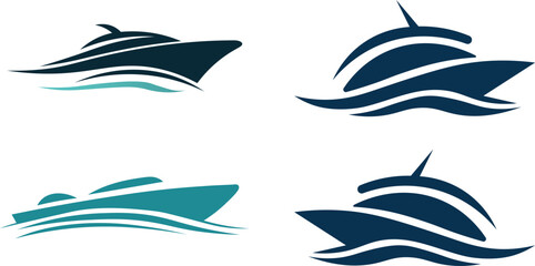 Four different boat logos design with waves in shades of blue