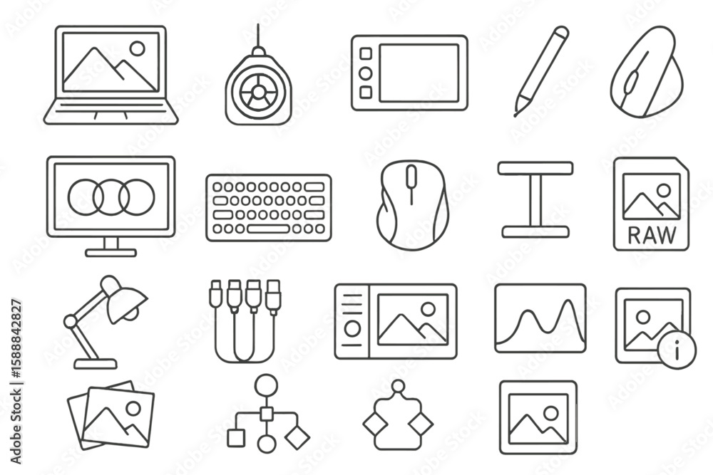 Aufkleber tech and office linear icon set. gadgets and workspace outline collection