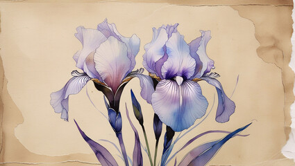 Watercolor iris flower painting floral art botanical illustration purple flower blossom elegant design