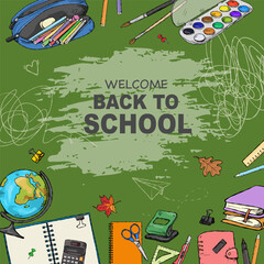 Hand-drawn mockup on a school theme with school supplies in the sketch style.