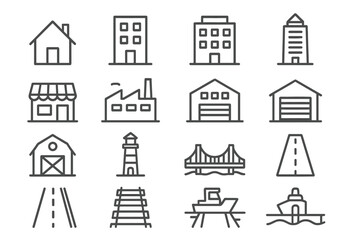 Architecture and construction icon set. buildings and structures line collection