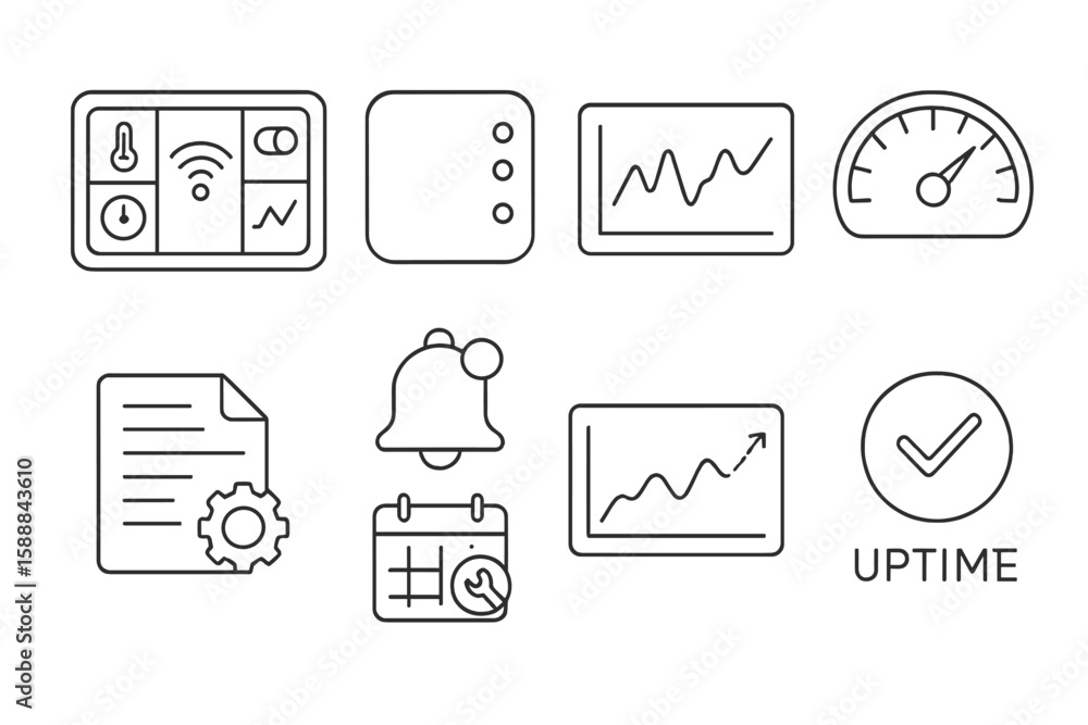 Poster technology dashboard icon set. business analytics, monitoring linear style icons