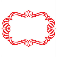 An ornate decorative frame with a vintage feel, featuring red and white striped accents and elegant swirls