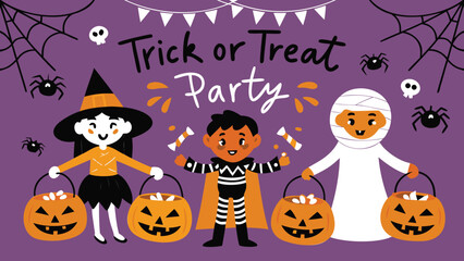 Halloween party with kids in costumes holding pumpkin buckets against a purple spiderweb background