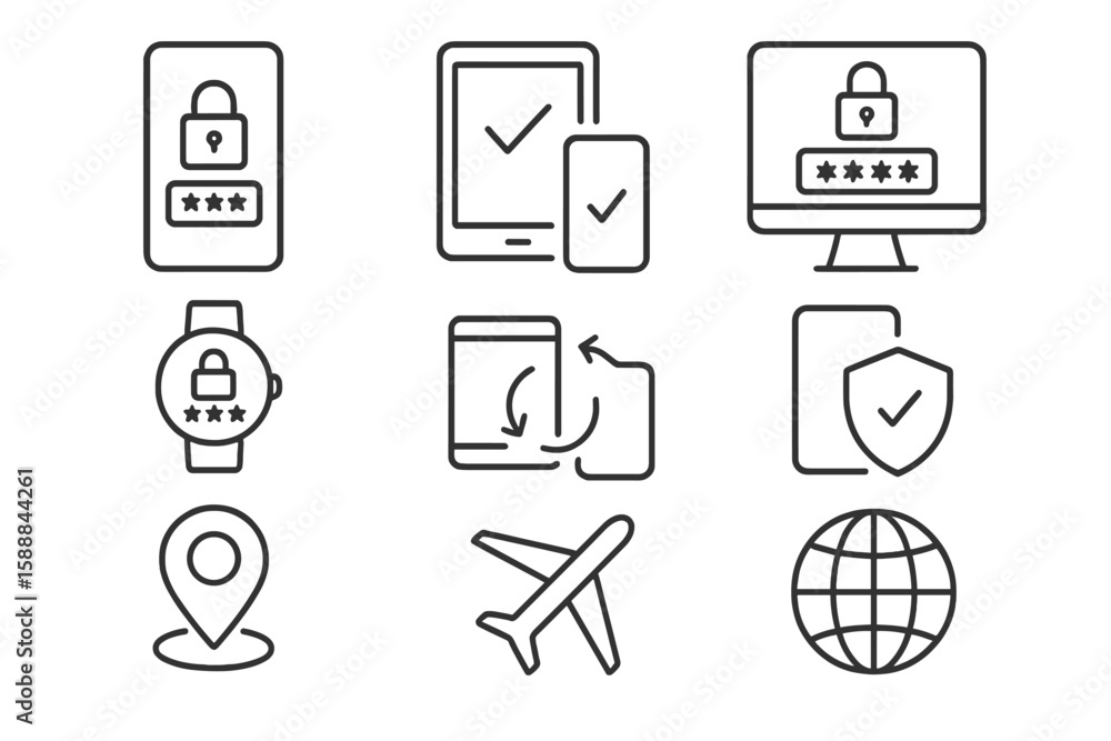 Poster security and privacy linear icon set for digital devices and network protection