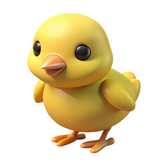 Adorable 3d rendered cartoon chick with big black eyes and an orange beak standing against a black background