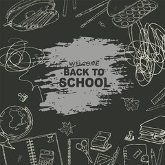 Black and white hand-drawn mockup on a school theme with school supplies in the sketch style.
