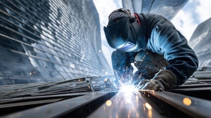 A man in a blue shirt is working on a piece of metal