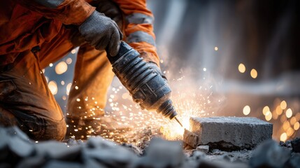 A man in an orange jumpsuit is using a power tool to cut a brick