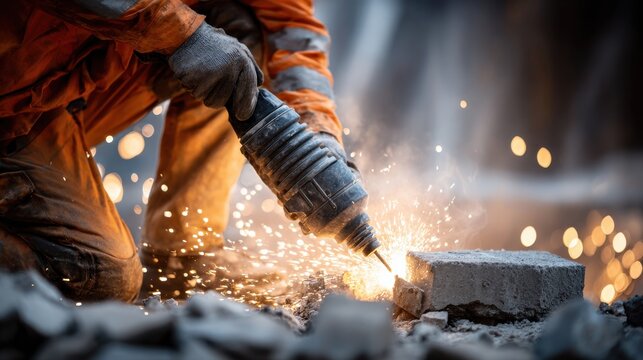 A man in an orange jumpsuit is using a power tool to cut a brick