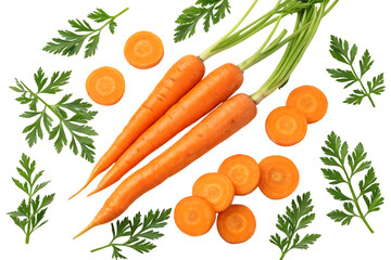 Vibrant orange carrots with green leafy tops and slices leaves