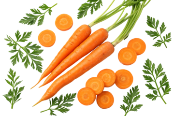 Vibrant orange carrots with green leafy tops and slices leaves