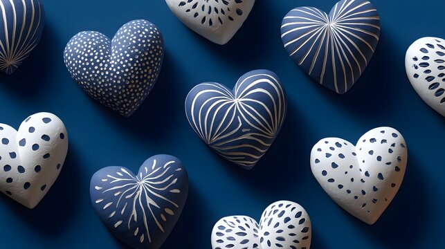 Collection of Decorative Ceramic Hearts with Intricate Patterns on a Blue Background
