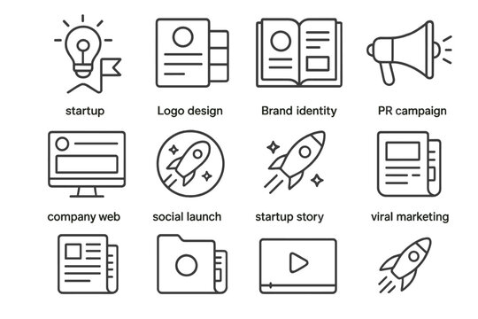 Marketing and startup icon set. linear style icons for business branding and pr campaigns